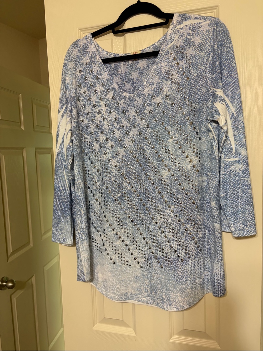 Reba Light Blue Embellished 3/4 Sleeve V-Neck Top